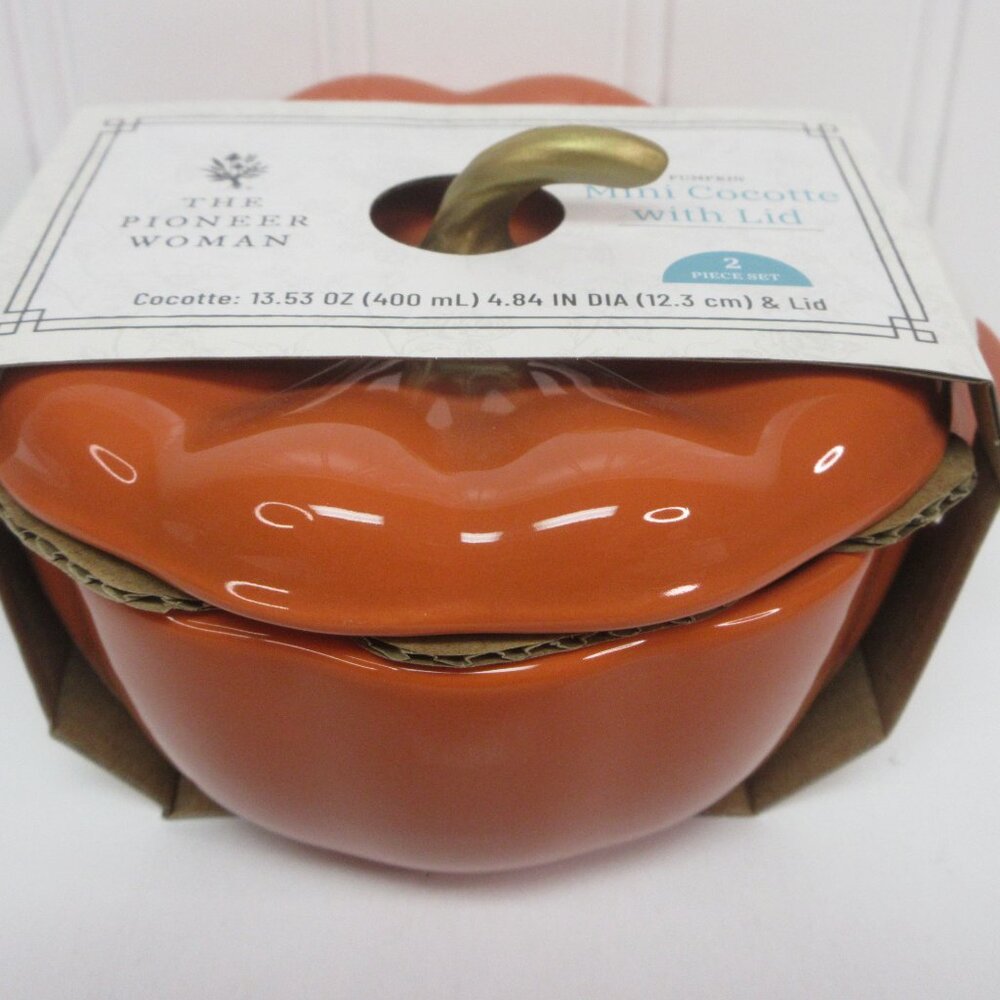 Pioneer Woman Ceramic Pumpkin Mini Dutch Oven Cocotte w/ Lid Orange Casserole